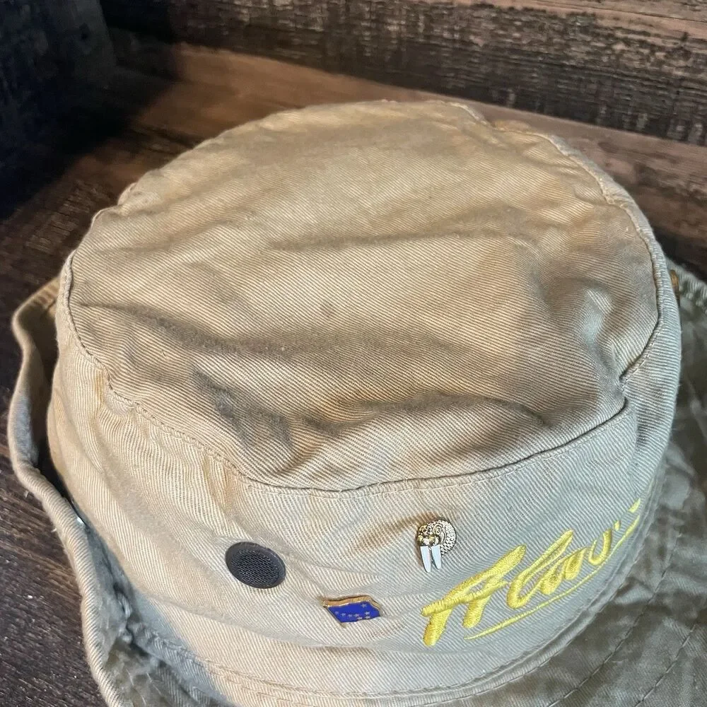 Vintage Northwest Coast Alaska Fishing Hat Orca Native Art, Flag, Walrus Pins